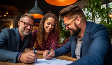 agent-couple-signing-contract-close-up-background-happy agent-couple-signing-contract-close-up-background-happy